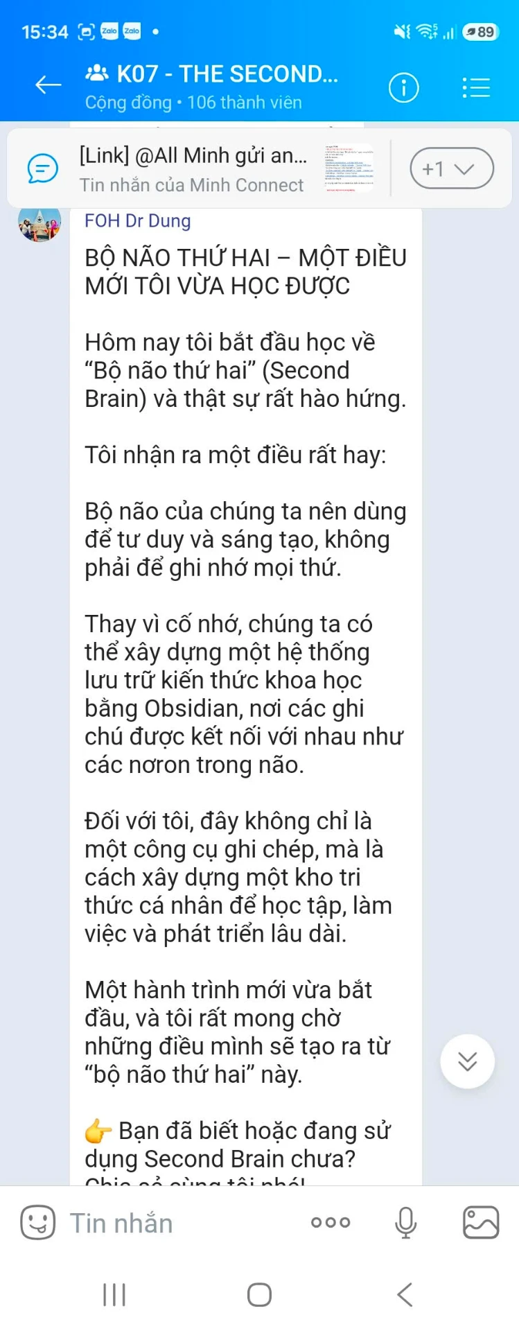 Ảnh chụp phản hồi của chị Nguyễn Thị Dung gửi trong nhóm học viên