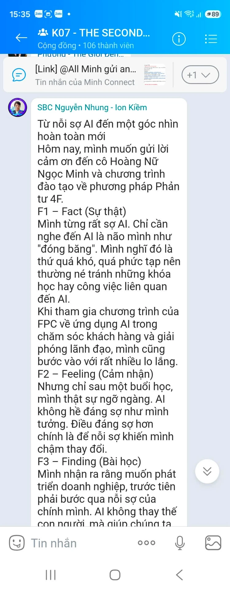 Ảnh chụp phản hồi của chị Nguyễn Thị Nhung gửi trong nhóm học viên