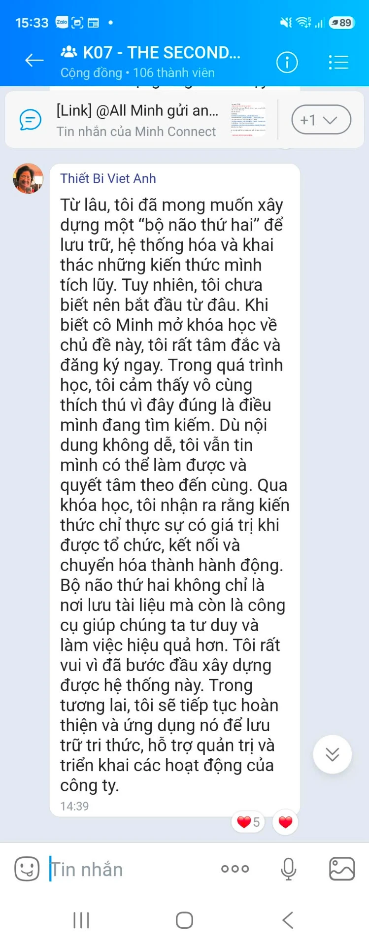Ảnh chụp phản hồi của chị Nguyễn Thị Đắt gửi trong nhóm học viên